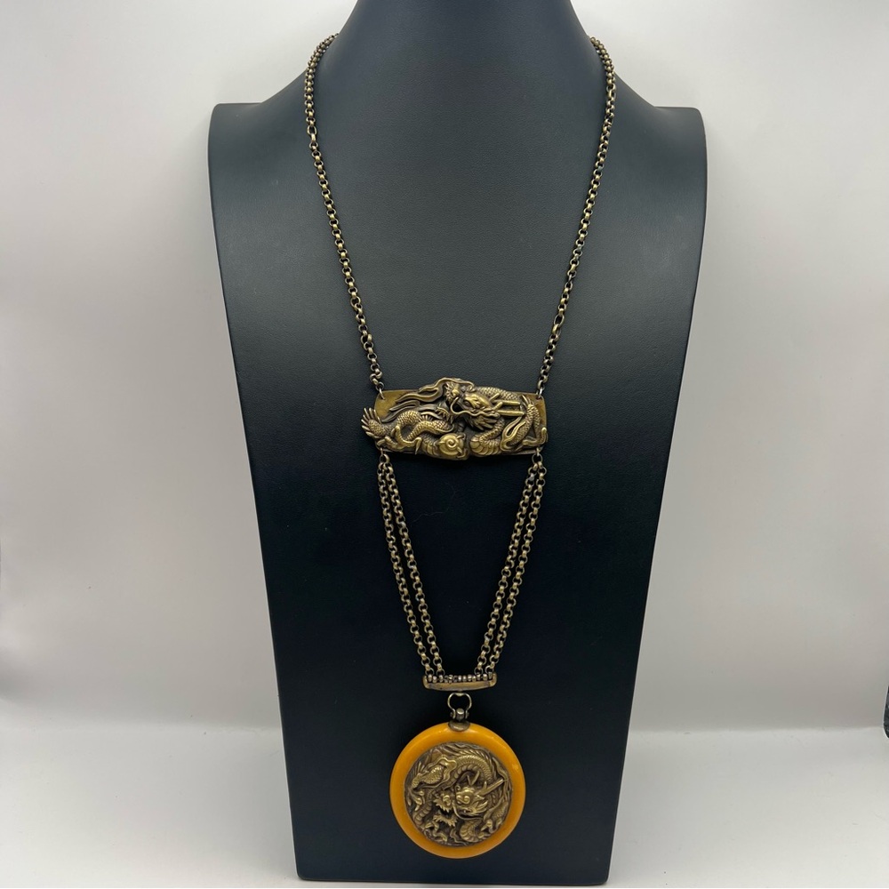 Antique Japanese Brass and Bakelite Dragon Festoon Necklace